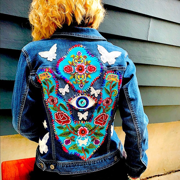 OOAK Hand Painted, Stitched & Embellished Denim Jacket - Picture 4 of 6